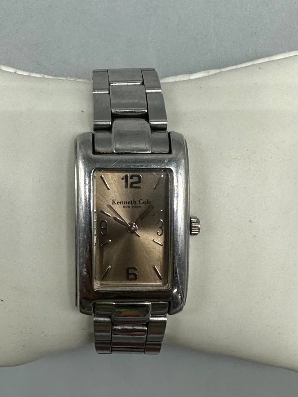 3/$30 Kenneth Cole Women Tank Watch Silver Tone Brown Dial New Battery 6.25